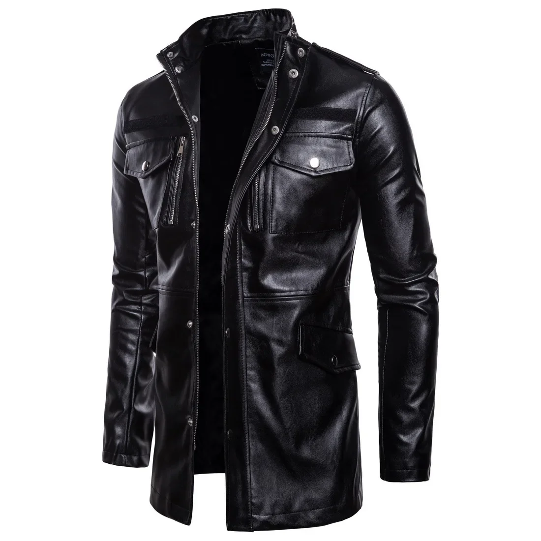 

Autumn New Mid-length Leather Jacket Stand-up Collar Four-pocket Biker Leather Jacket For Men