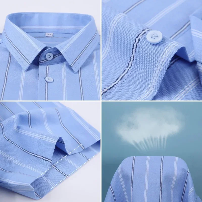 2024  100% Pure Cotton Men Short Sleeves Social Shirt for Oxford Shirt Men Plaid Striped Work Casual Pocket Shirts S-8XL