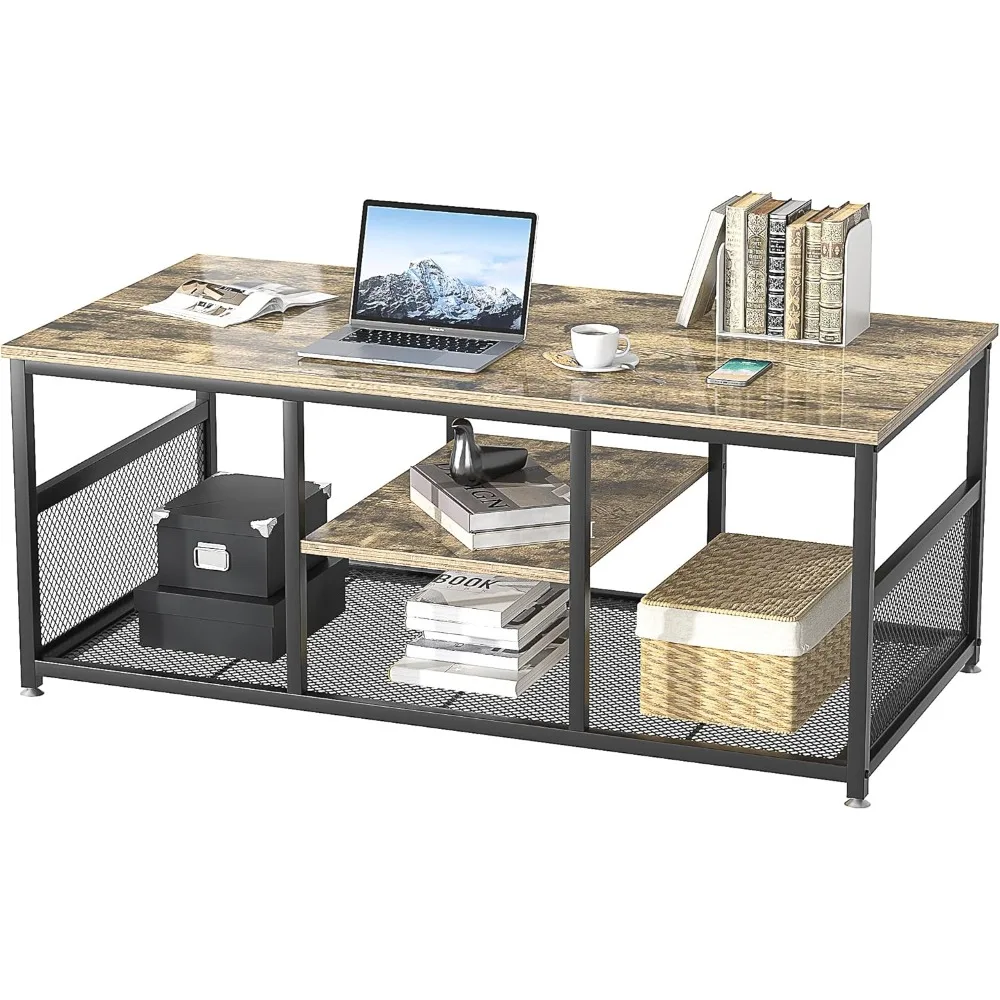 

Coffee table with storage, industrial-style mesh shelves, gray, 15.7 inches (D) x 39.37 inches (W) x 17.7 inches (H)