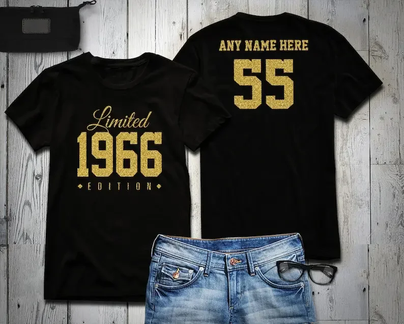 

1966 Gold Glitter Limited Edition Birthday T-Shirt 55th Custom Name Celebration Gift mens womens ladies Shirt Personalized