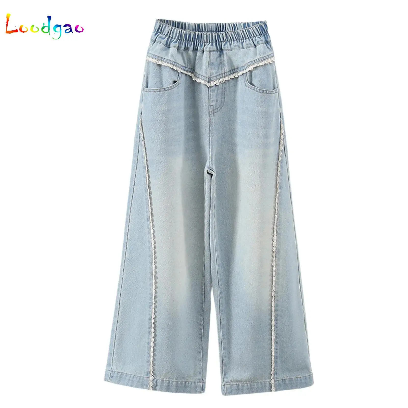 

New Summer Tween Girl Lace Trim Jeans Wide Leg Denim Baggy Pants Kids Child Spring High Waist Jeans Trousers Age 4 To 14 Y
