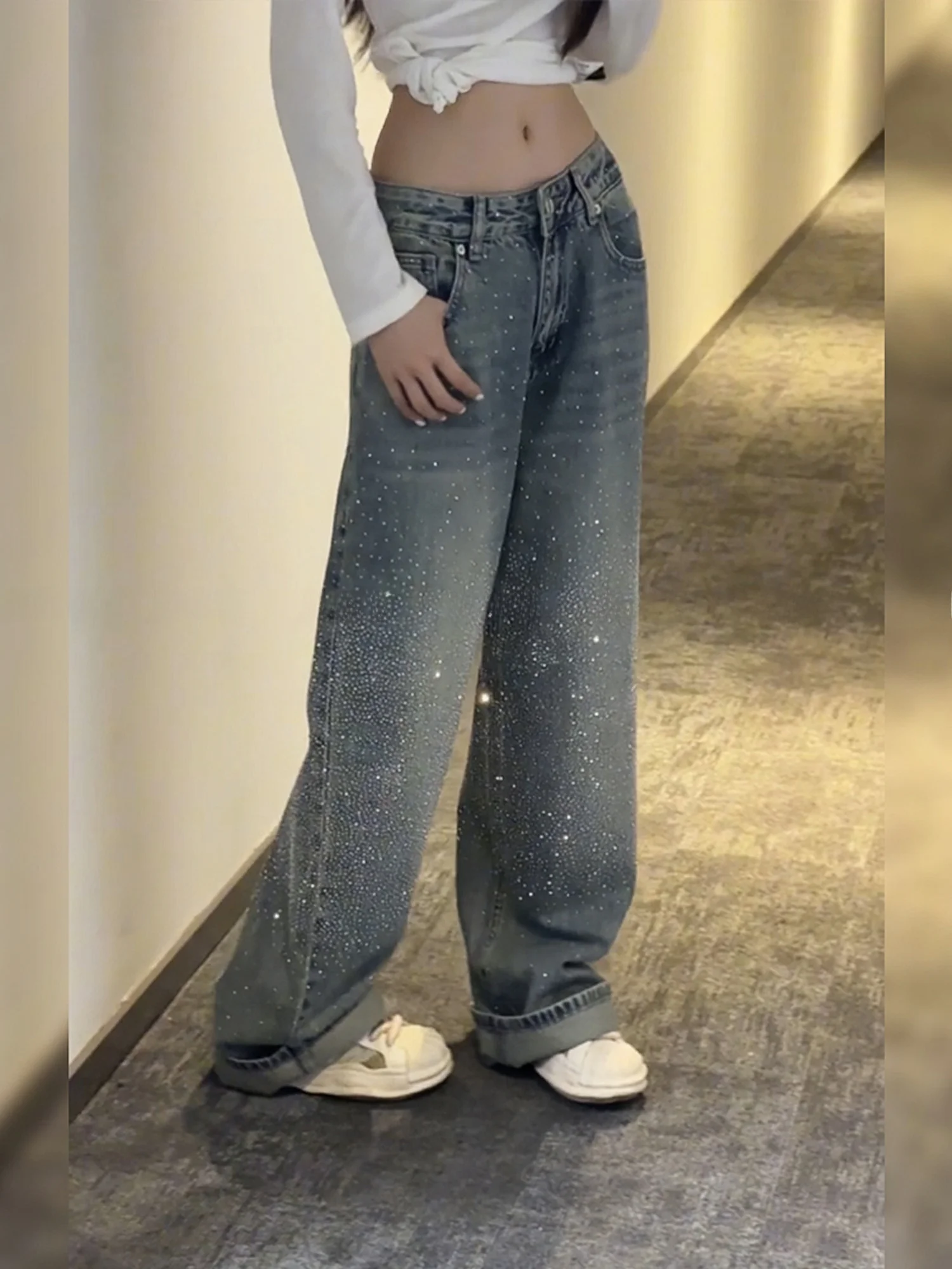 American Retro Glittering Loose Women's Jeans High Waist Diamond Studded Floor-Length Trousers Lazy Style Distressed Denim