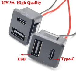 1/3PCS 20V 3A Double layer USB female base type-c socket a female USB lamp charging socket power socket with cable 3A connector