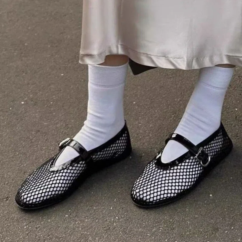 Sapato raso oco raso para mulheres, salto liso macio, sapatos Mary Jane para senhoras, estilista de moda, verão, 2024