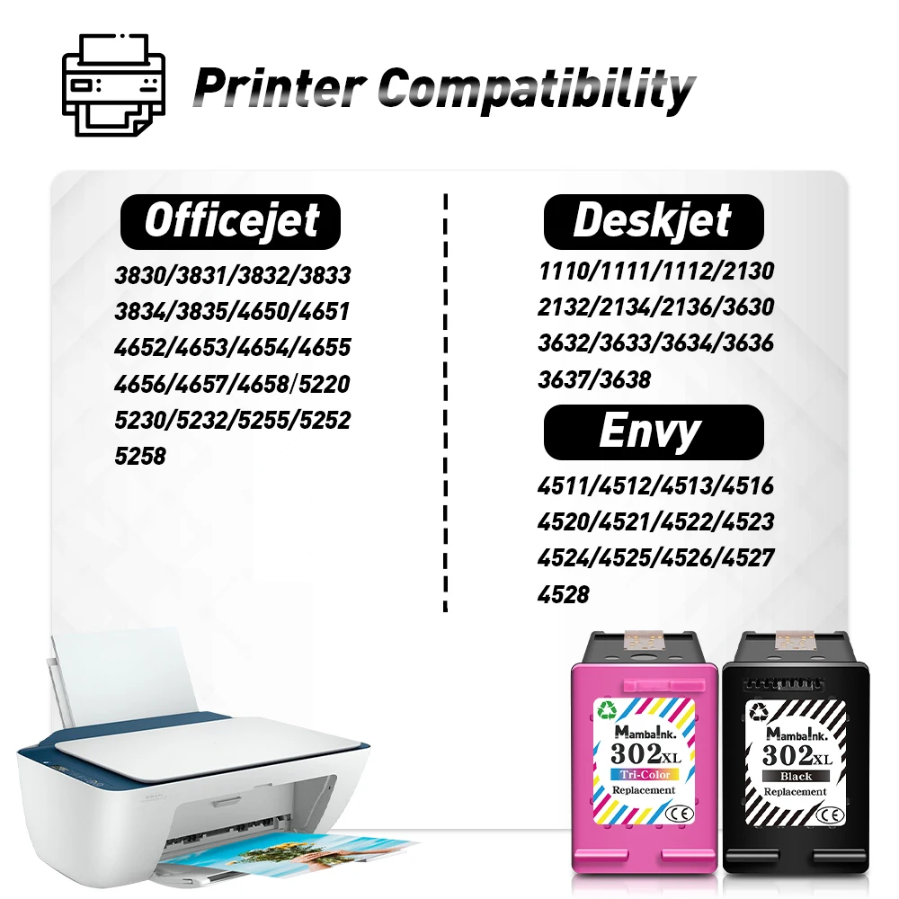 Mambaink 302 Replacement For HP 302 XL HP302 HP302XL Ink Cartridge For Deskjet 2130 2135 1110 3630 3632 Officejet 3830 3834 4650