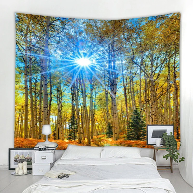 

3D Forest Landscape Tapestry Maple Leaf Jungle Sunshine River Green Plants Tapestries Bedroom Living Room Home Deco Wall Hanging