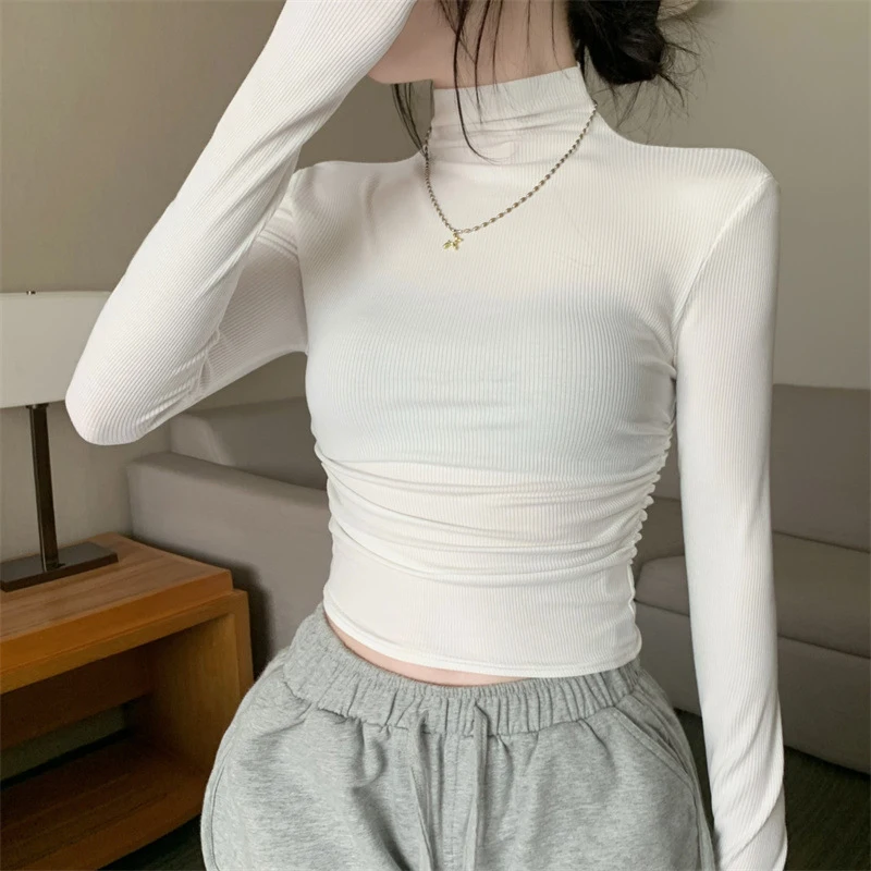 반폴라 스판 이너 티셔츠 여성 솔리드 심플 슬림핏 가을 긴팔 숏탑 간절기 데일리룩 TS2917