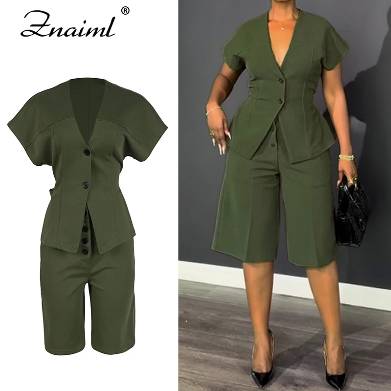 

Znaiml Casual Women Straight Pant 2-Pieces Sets Fashion Short Sleeve Coats and Knee Length Wide Leg Trousers Elegant Streetwear