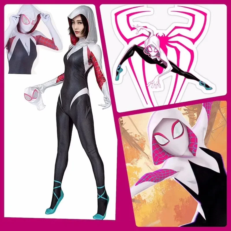 Caffele New Gwen Stacy Spider Gwen Cosplay Costumes for Women Kids Jumpsuits Halloween Party Props Costume Detached Mask