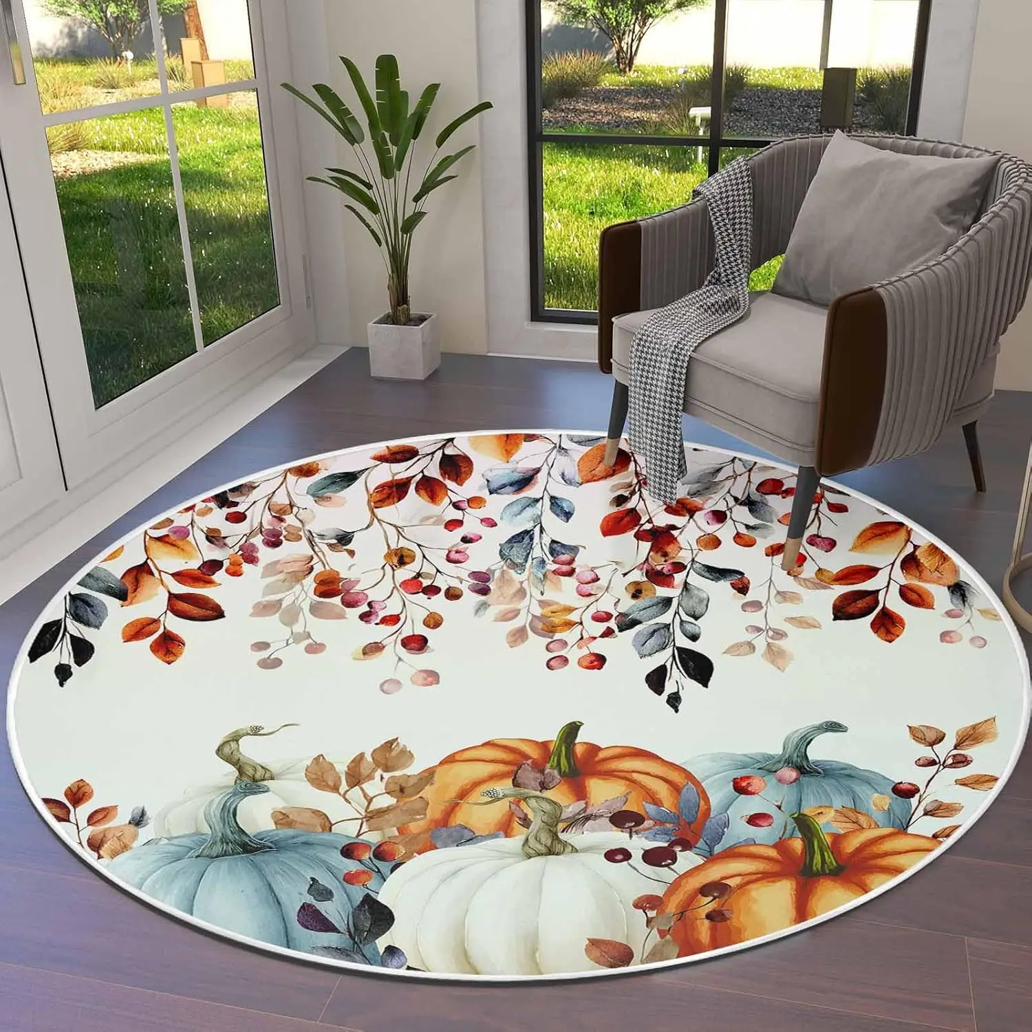 Retro Orange Blue Fall Round Area Rugs Soft Area Rug for Kids Room,Thanksgiving Maple Leaf Pumpkins Machine Washable Living Room