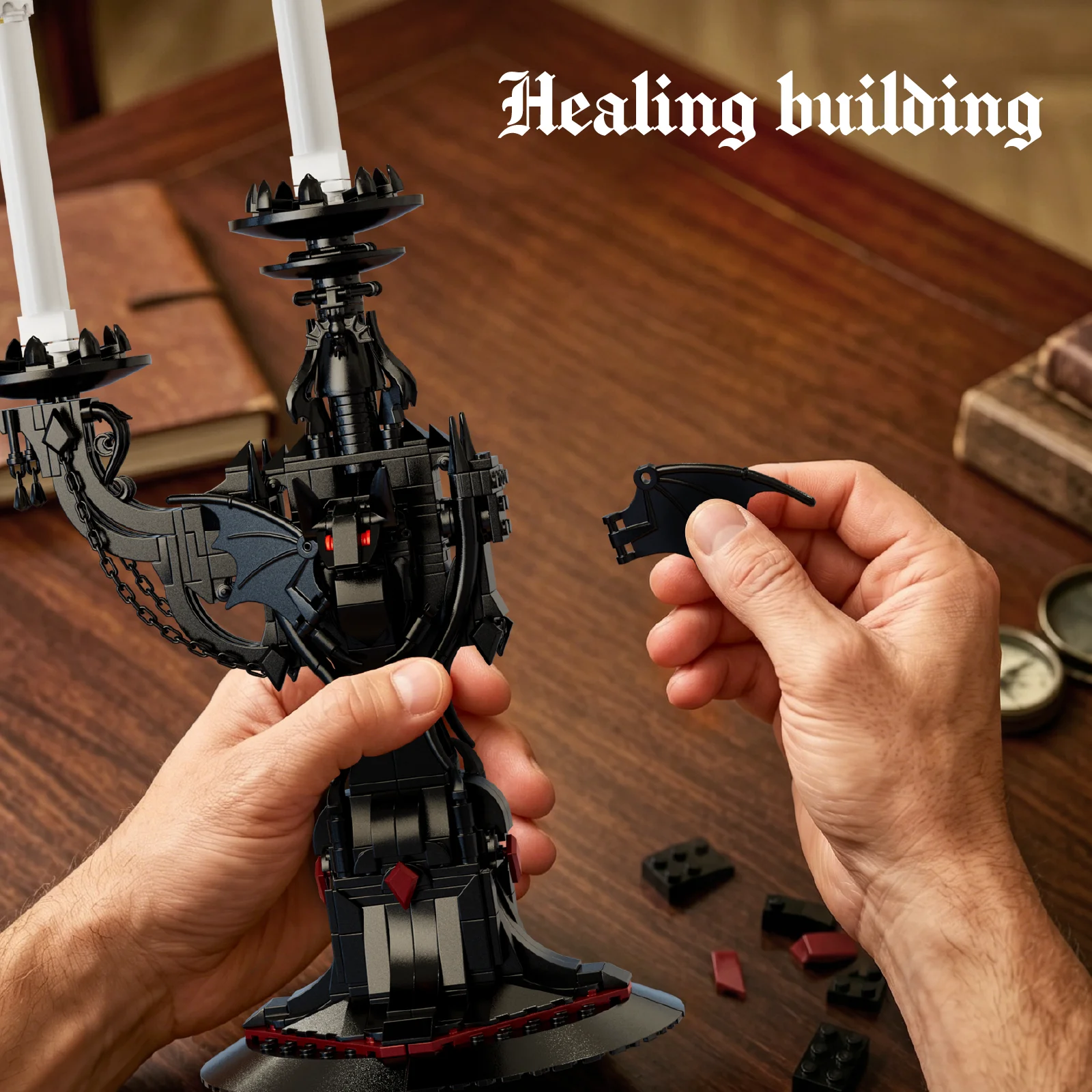 Gothic Batwing Candelabra Building Blocks Kit Simulation Candle Holder Ornament Dark Decor Bricks For Christmas Halloween Gifts view 3
