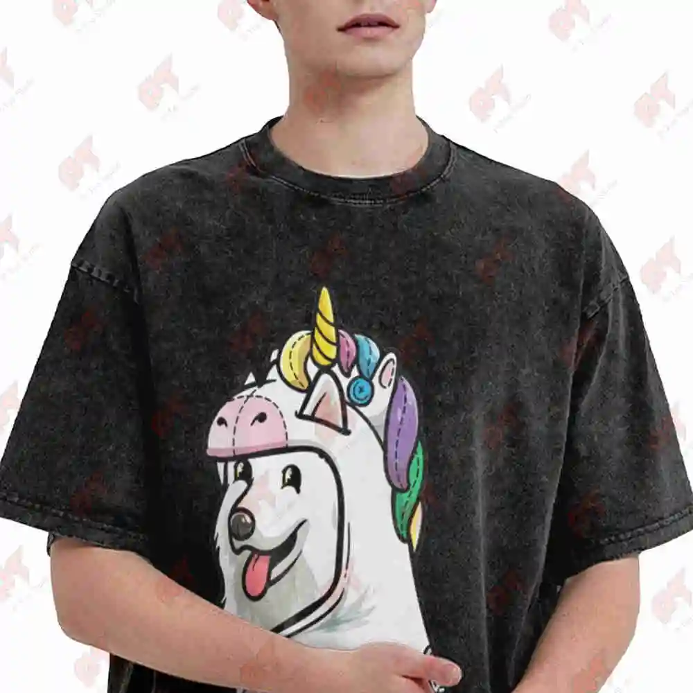 White Swiss Shepherd Dog Unicorn Costume Vintage Washed Tee Pure Cotton T-Shirt