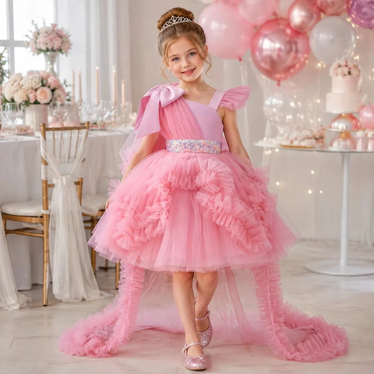 New Baby Girl Performance Dress One-Shoulder Sequins Girls Beauty Pageant Tail Dress 2-6 Year Old Flower Girl Wedding Dress