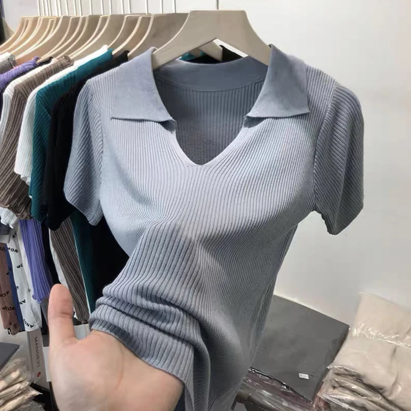 Knitting T Shirts Women Turn-down Neck Short Sleeve Slim Tops Female Solid Basic Ribbed Casual Summer Fashion Tee Shirt Femme