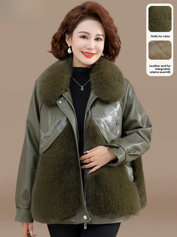 

Sli Winter Coat Fur Outerwear for Middle-Aged And ly Women Faionable Inteated Leather And Fur Wide-Sved Coat