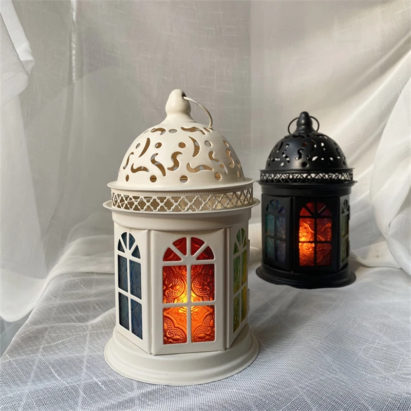 

Vintage European Metal Candle Holder Moroccan Colored Glass Lantern Table Centerpiece Elegant Romantic Home Decor For Couples