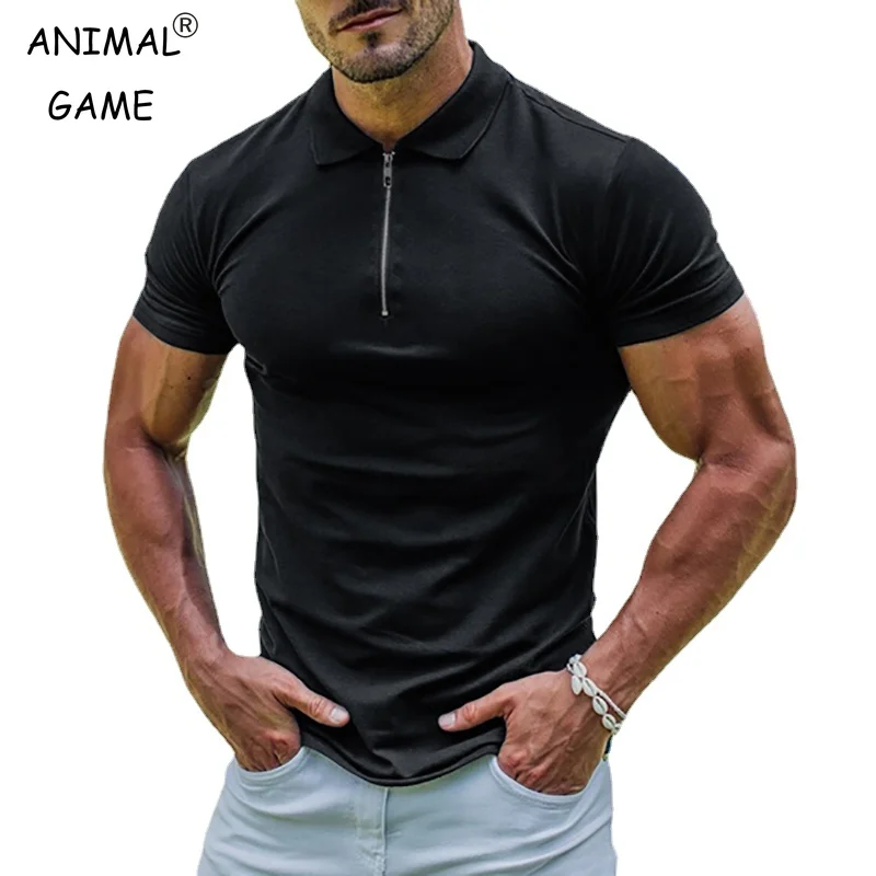 Neue elastische Polos einfarbiges Hemd Herren Sport T-Shirt Reiß verschluss Kurzarm schlanke T-Shirt lässige Turnhalle lose Revers Basic Tops