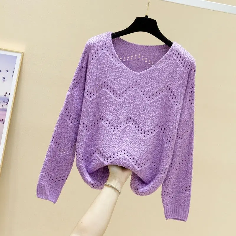 Spring and Autumn Knitted Women's Long Sleeved Top with New Style Hollow V-neck Western Style Loose and Age Reducing Sweater