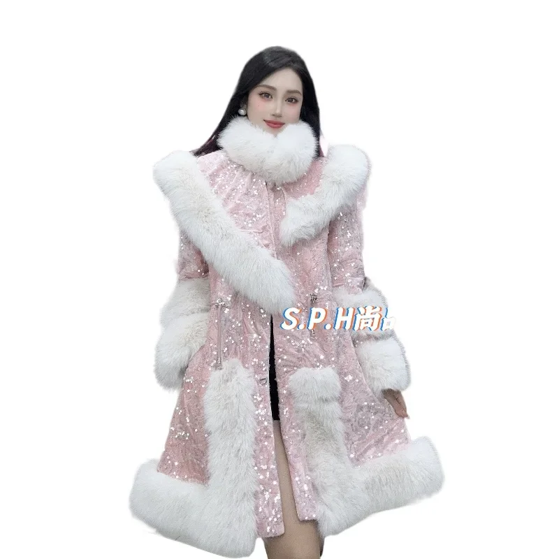 2024 Winter Warm Luxury Sequined Mid Length Faux Fur Coat Women Temperament Elegant Cape Fashion Zipper Jacket Sweet Pink Jacket