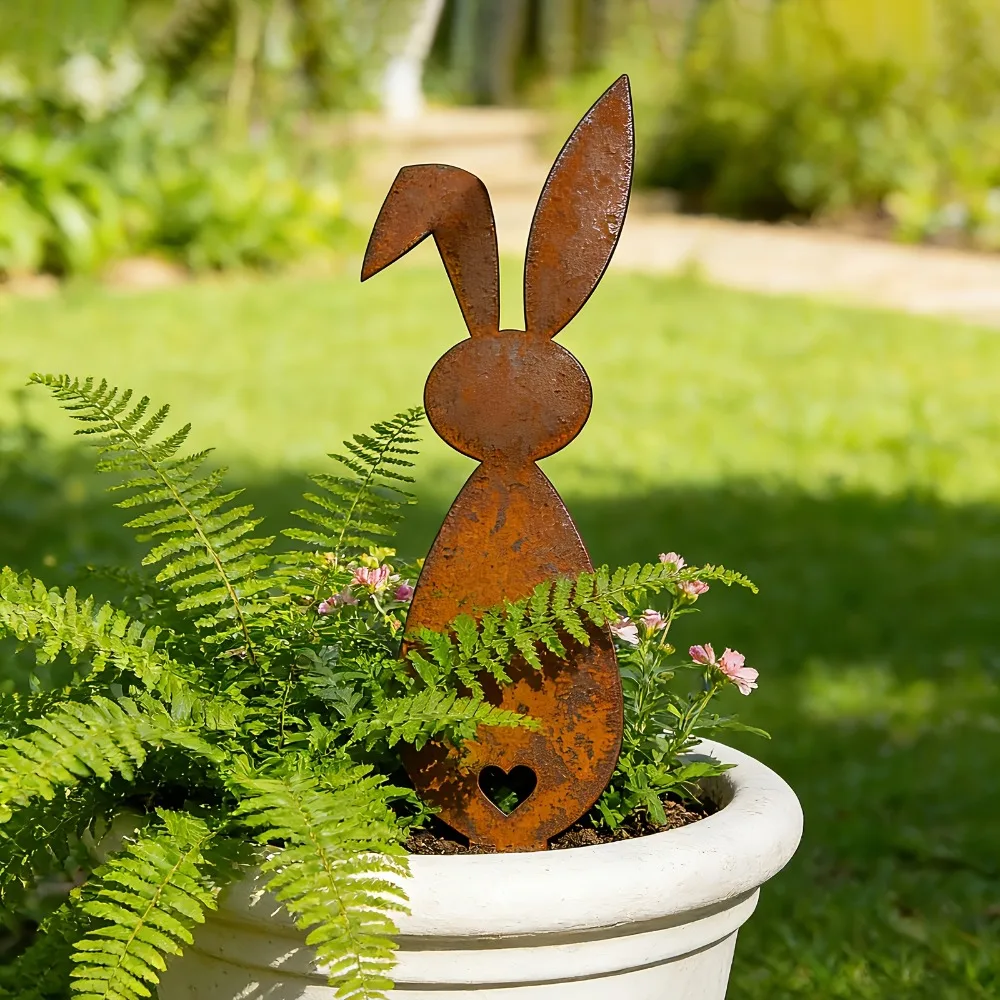 Brand Cute Retro Metal Rabbit Silhouette Garden Stake Heart Cutout Rust Iron Art Yard Planter Decor
