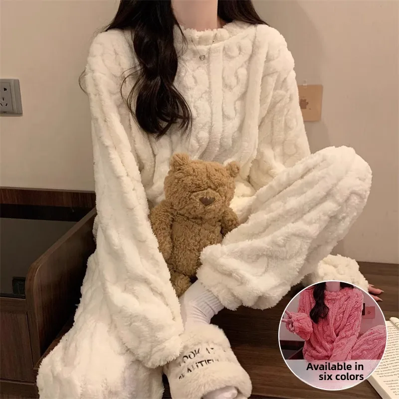 

Женская пижама из кораллового флиса, утепленный зимний домашний комплект, теплая плюшевая одежда для сна с длинным рукавом и круглым вырезом из полиэфирного волокна