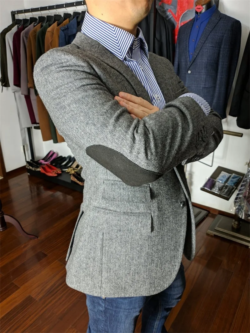 2022 Spring Latest Design Tweed Suits For Men Casual Slim Fit Costume Made Fashion Peak Lapel Male Clothing Thick Gray Blazer