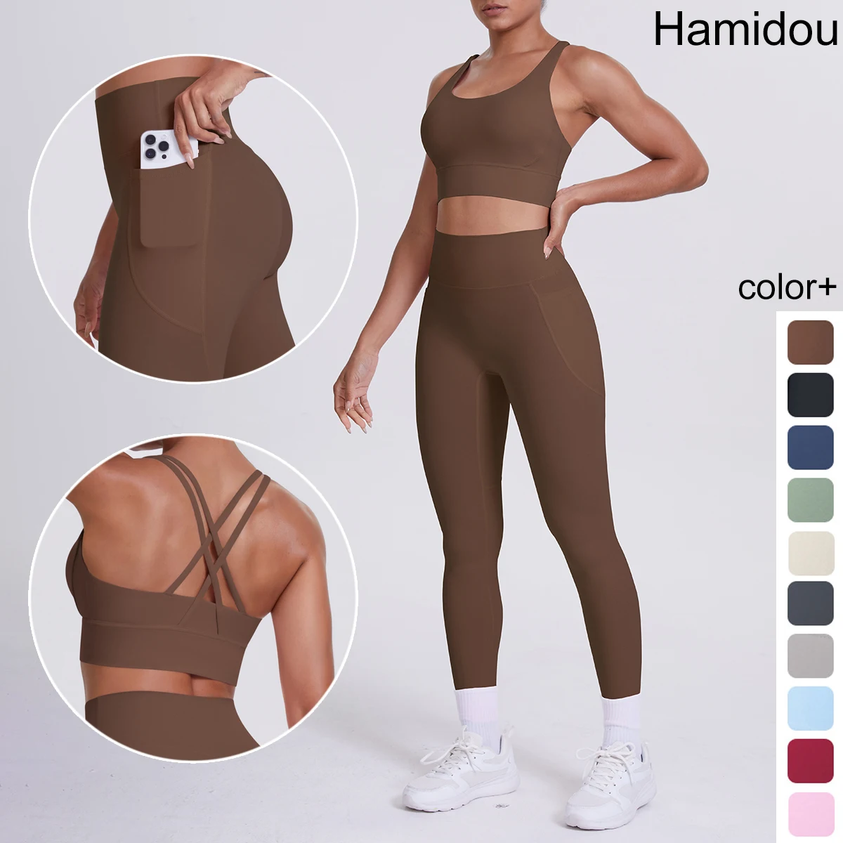 

2 Pieces Yoga Set for Woman's Solid Color Backless Sexy Cross Bra Naked Feel Workout Top Quick Drying Pockets Pants Yoga Set