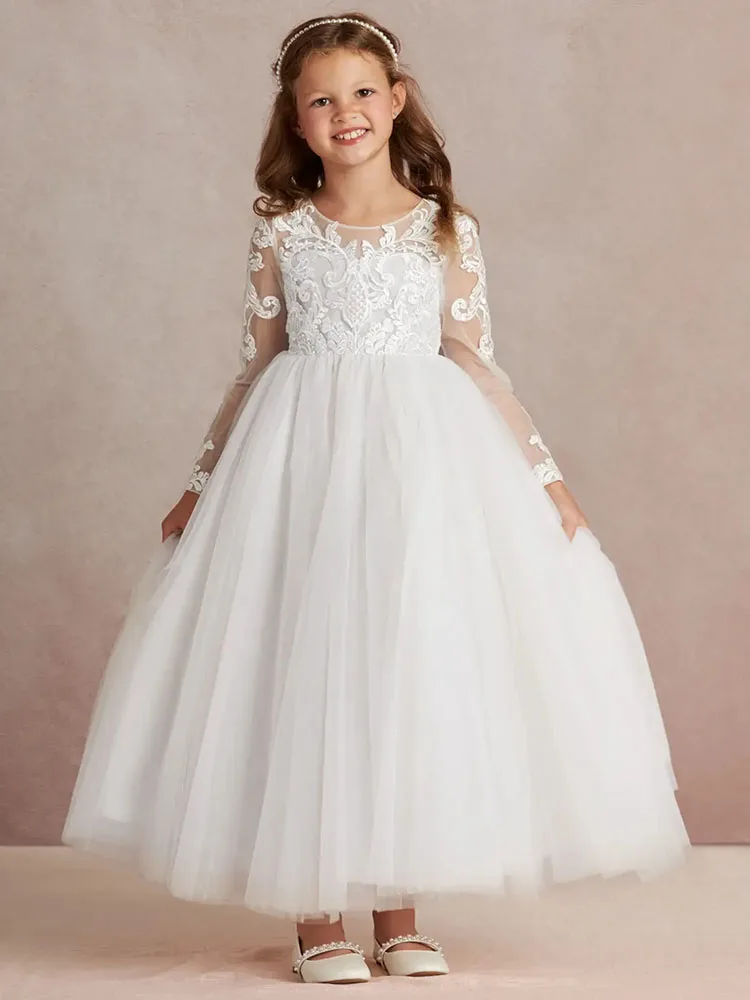 white Flower Girl dress bespoke size elegant tulle appliques long sleeve detachable formal occasion wedding birthday ball gown