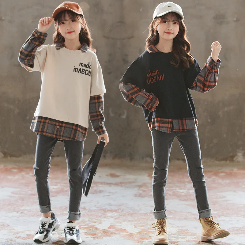 

Korea Spring Autumn Junior Girl Sweatshirt Elementary Girl Fake Two-pieces Patchwork Tops School Girl Letter Printed Sport Shirt