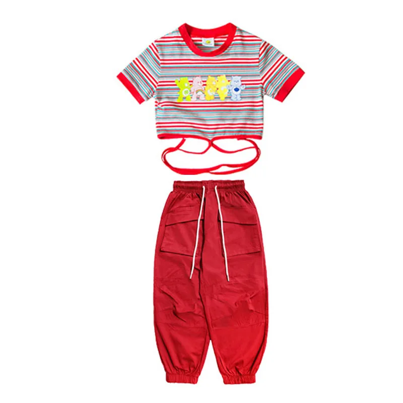Criança hip hop roupas bonito listra rendas até colheita topo t camisa vinho vermelho rua jogger calças de carga para menina jazz dança traje roupas