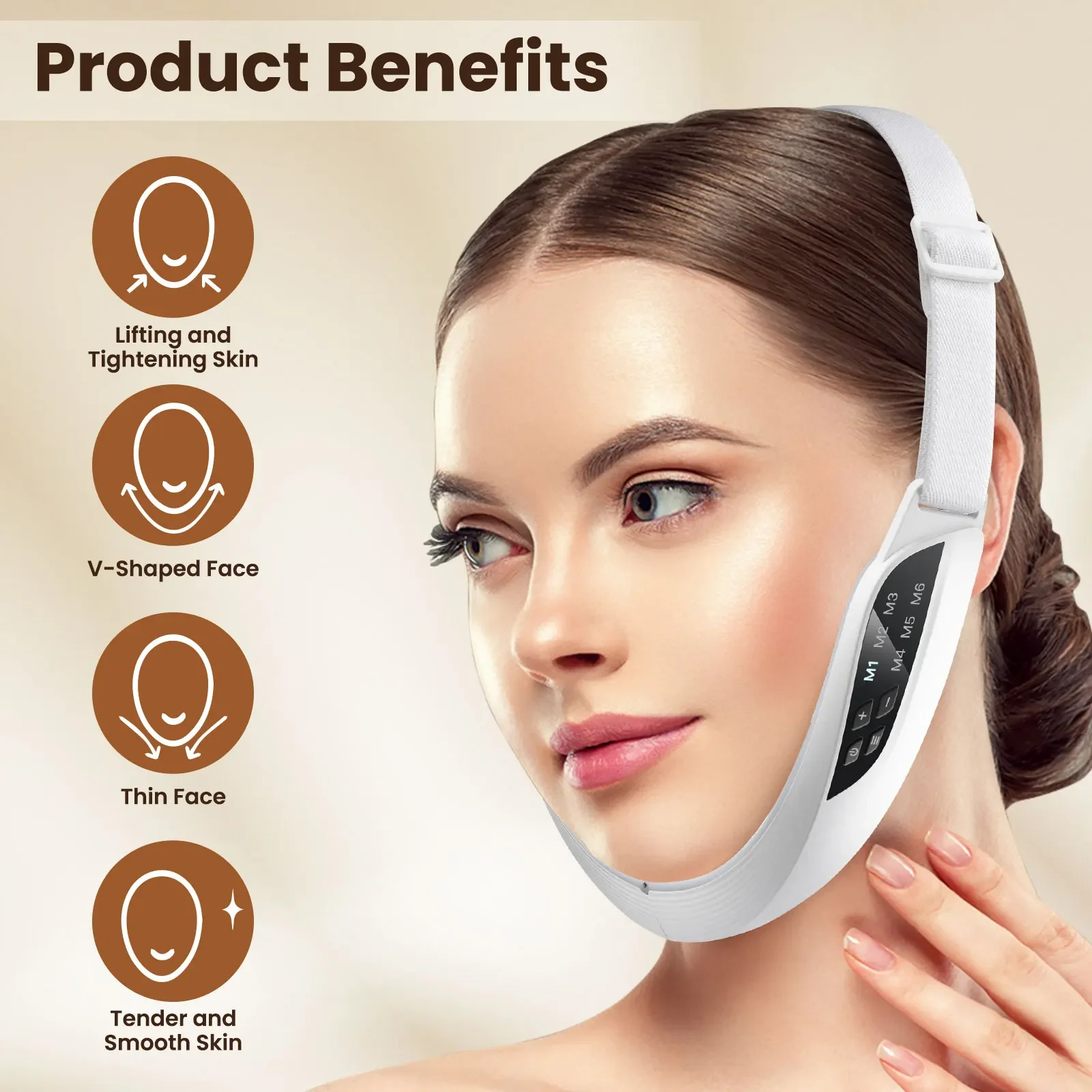 EMS Facial Massager Band with 6 Modes 8 Levels, Microcurrent Face Toning Device with Adjustable Strap for Jawline Cheeks, USB Rechargeable 15-Min Auto-Off