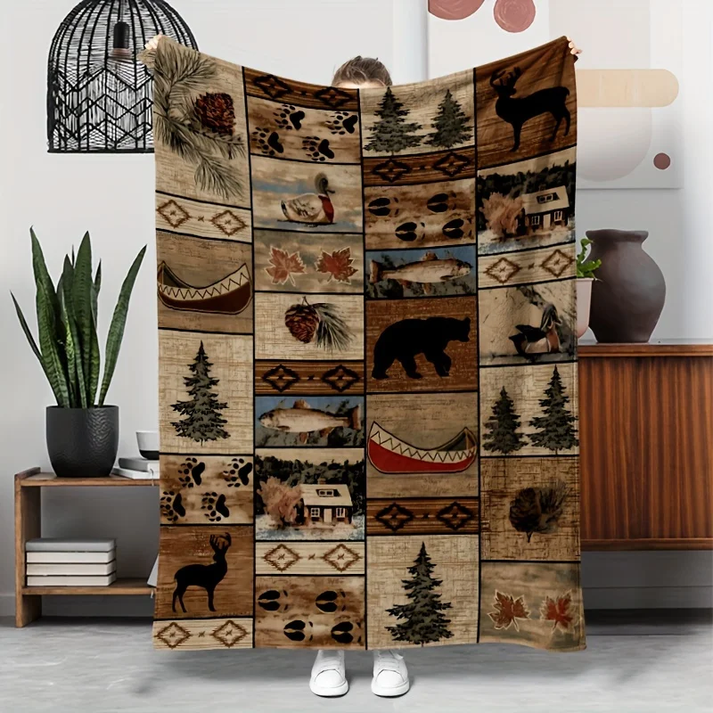 2D Flat Printing, 1pc Autumn Decor Blanket/Throw, Featuring Black Bear, Elk, Flying Birds, Fish, Pine, Tower, Cabin, Canoe, Fore