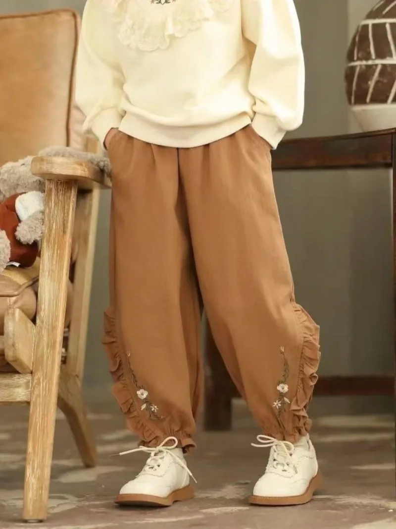 2026 Autumn New Style Children's Harem Pants 5-12 Years Bohemian Korean Style with Lace Trim Elastic Waistband