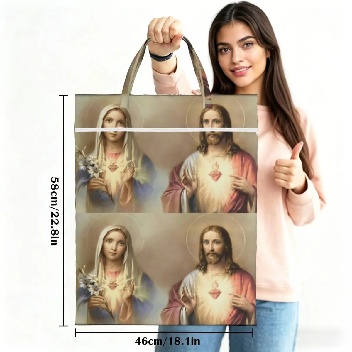 Sacred Heart Jesus Immaculate Mary Religious Poster Travel Laundry Bag Waterproof Reusable Dirty Clothes Pouch Washing Basket