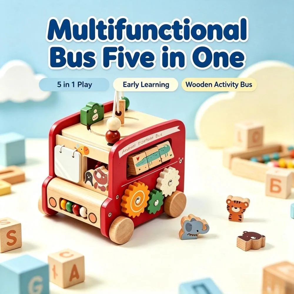 

Multifunctional Wooden Animal Bus Educational Toy Six Sided Activity Cube Push Cart Learning Birthday Gift