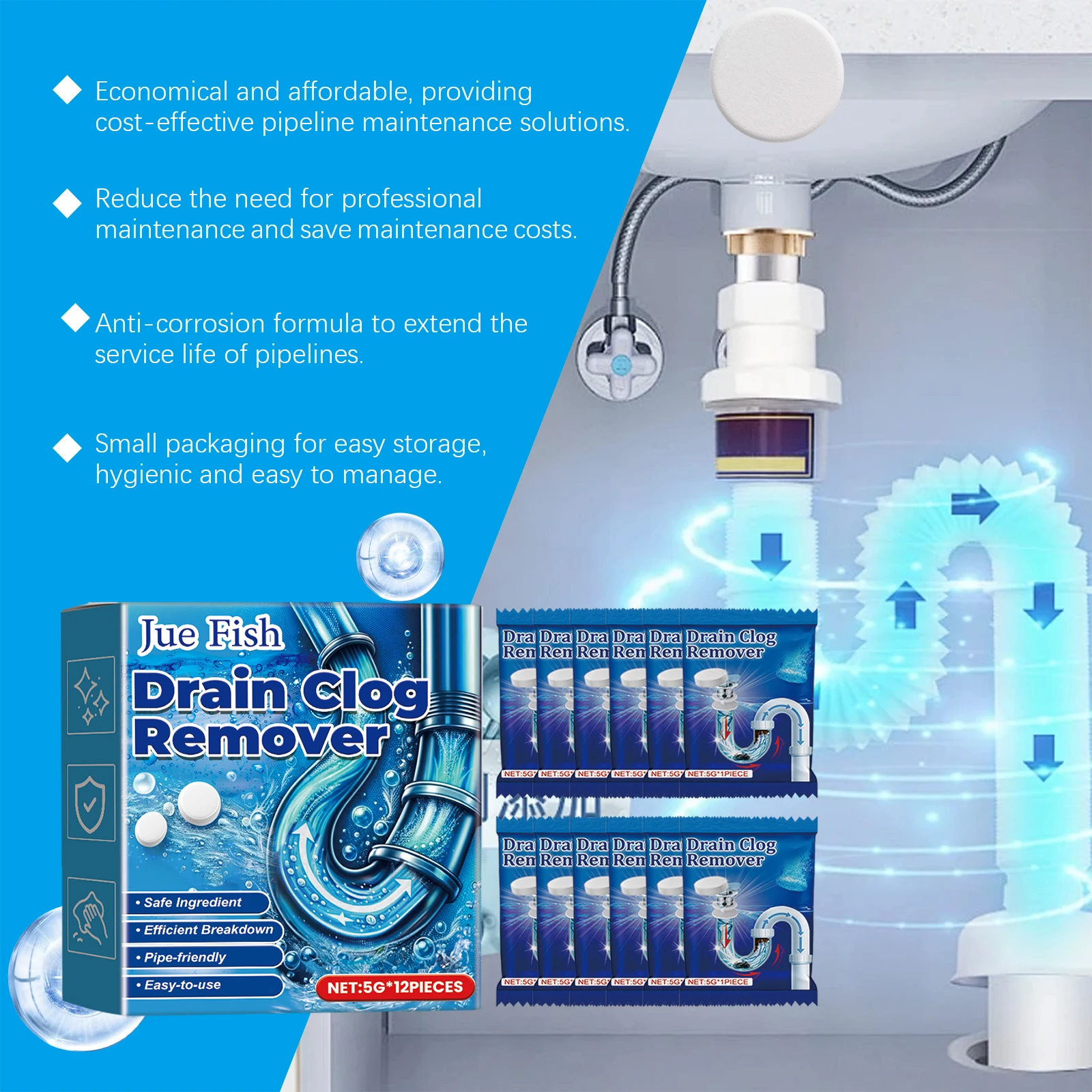 Effervescent Drain Cleaner Tablets Quick Dissolve Clog Remove Odor Eliminator Sink Toilet Household Pipe Dredge Cleaning Tablets