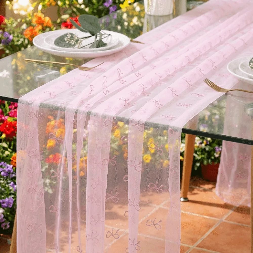 Party Decoration Sheer Tulle Pink Bow Table Runner Soft Romantic Mesh Table Runner Decorative Table Flag Cover Wedding Party