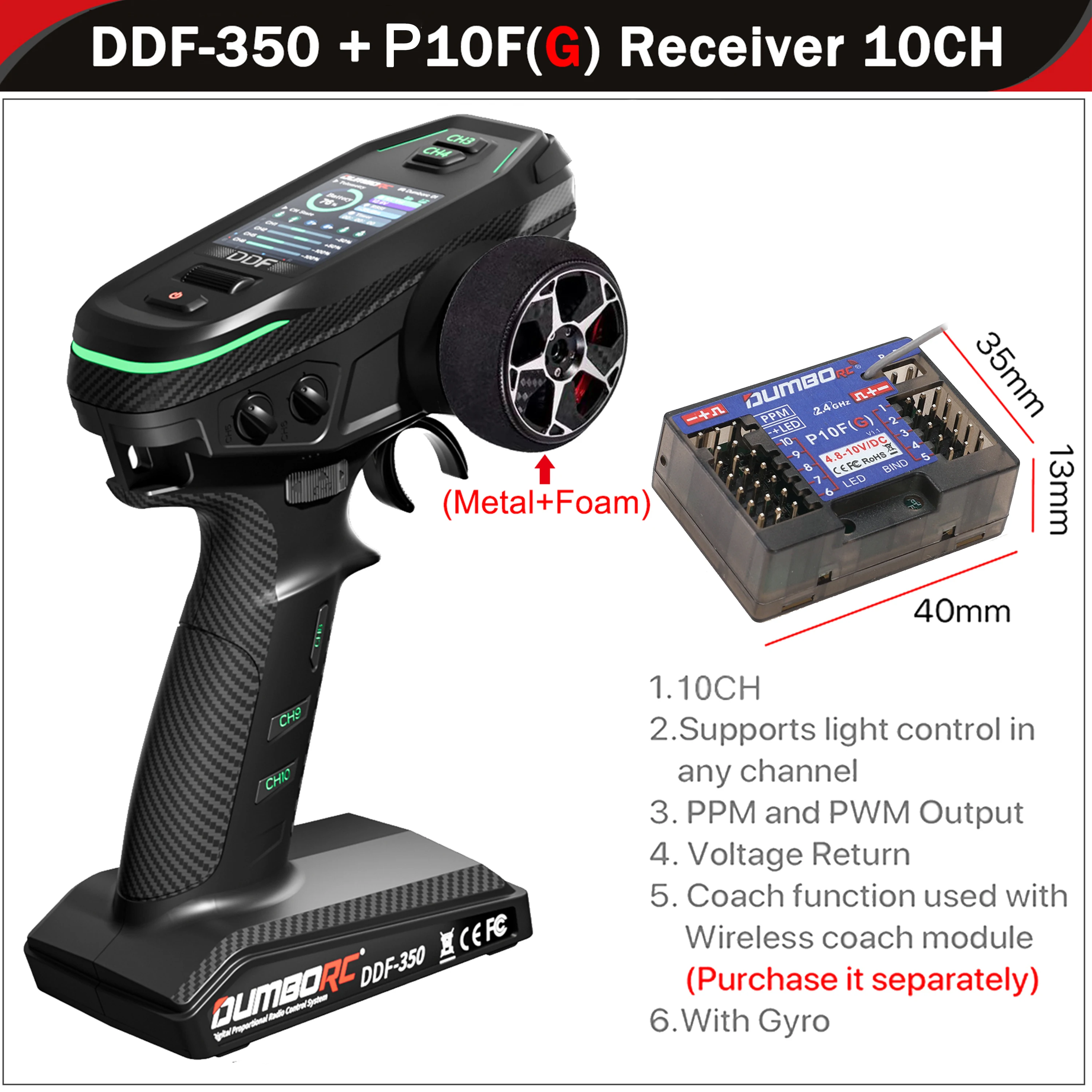 DUMBORC DDF-350 10CH 10-kanaals zender P6F P6DCG Gyro-ontvanger Metalen handwiel afstandsbediening voor RC auto vliegtuig boot