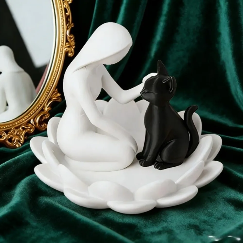 Collection 3D Printed Girl And Cat Statue Creative Cute Lotus Cat Sculpture Decoration Cat Touching Posture Gift