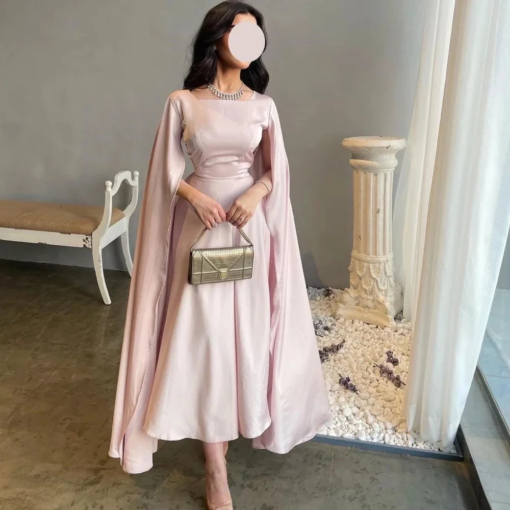 

Customized Elegant Customized Pink Satin Evening Dress Square collar With Sweep train Tea-Length Formal Party Prom Gowns