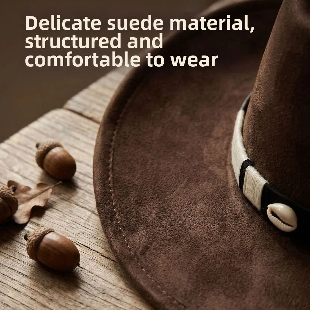 Unisex Wide Brim Cowboy Hat Polyester Striped Buckle Band Rancher Hat Small Woolen Top Felt Construction Denim Hat Outdoor Wear
