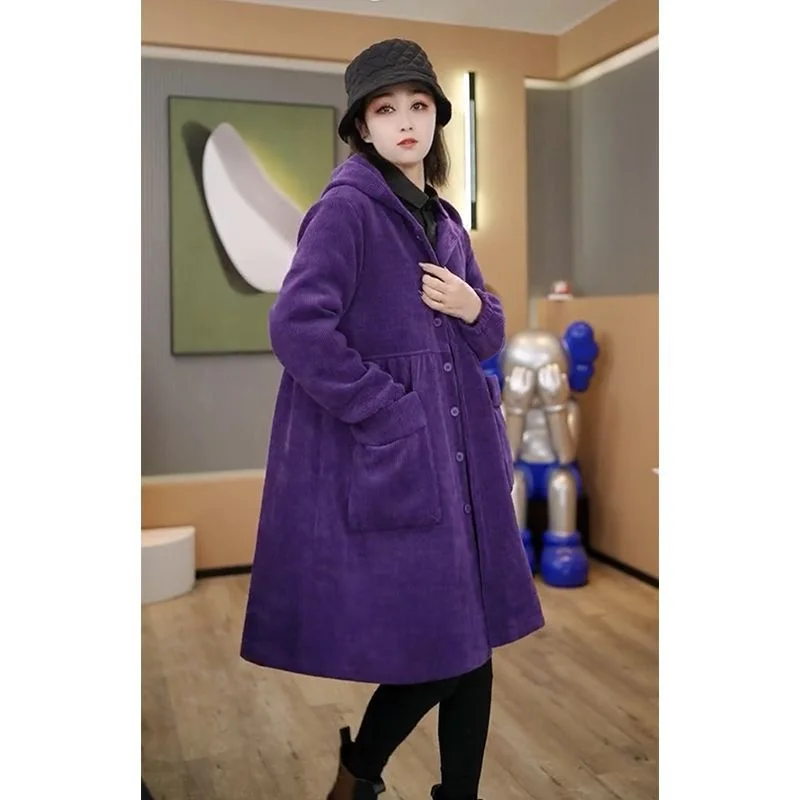 2024 Autumn Winter Thick Coat Fashion Large Purple Windbreaker Big Pocket Women\'s Loose Versatile Corduroy Hooded Coat 6XL