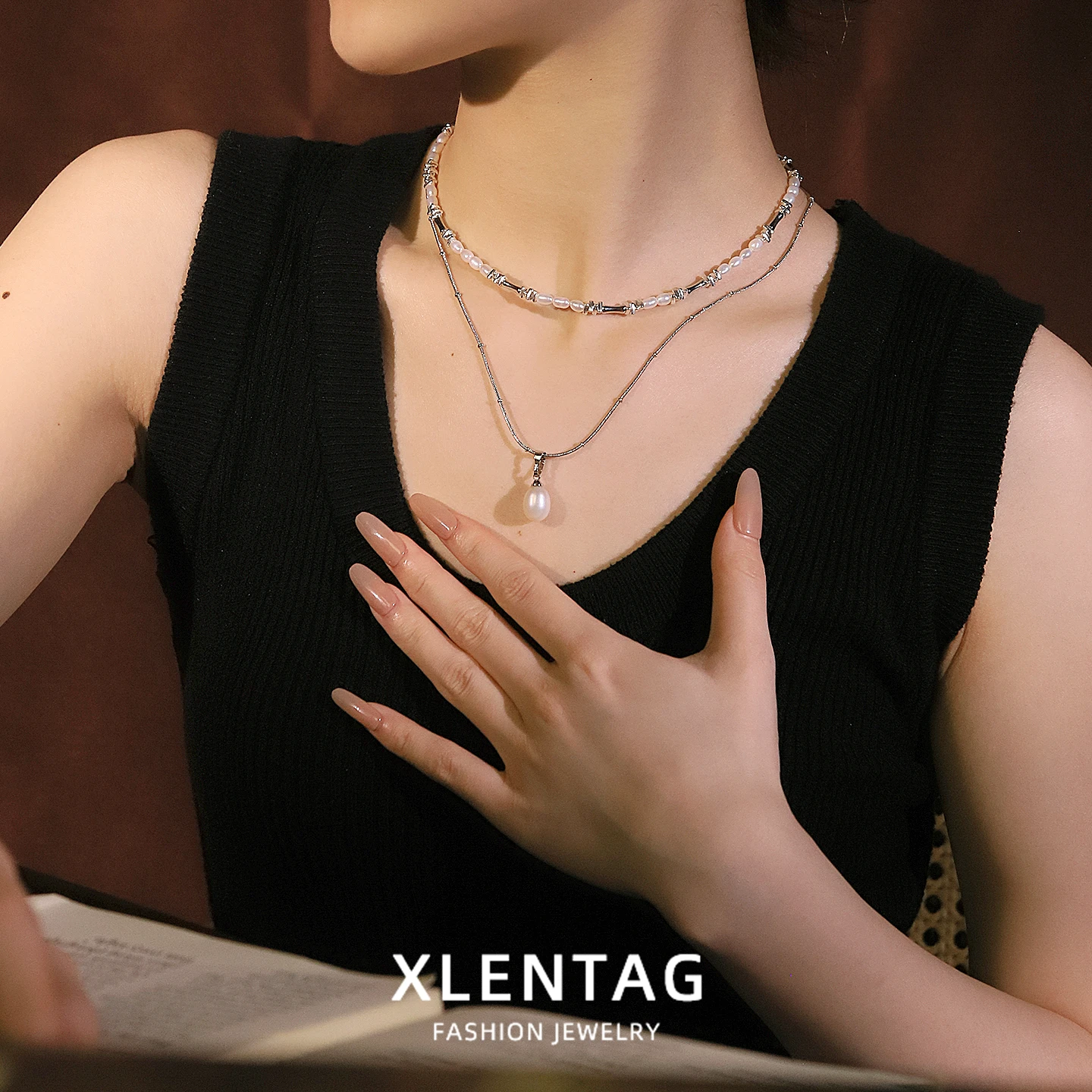 Two-Piece Freshwater Pearl Jewelry Set for Women Daily Dating Wedding Gift Dainty Bamboo-Segment Pearl Necklace Fashion Jewelry