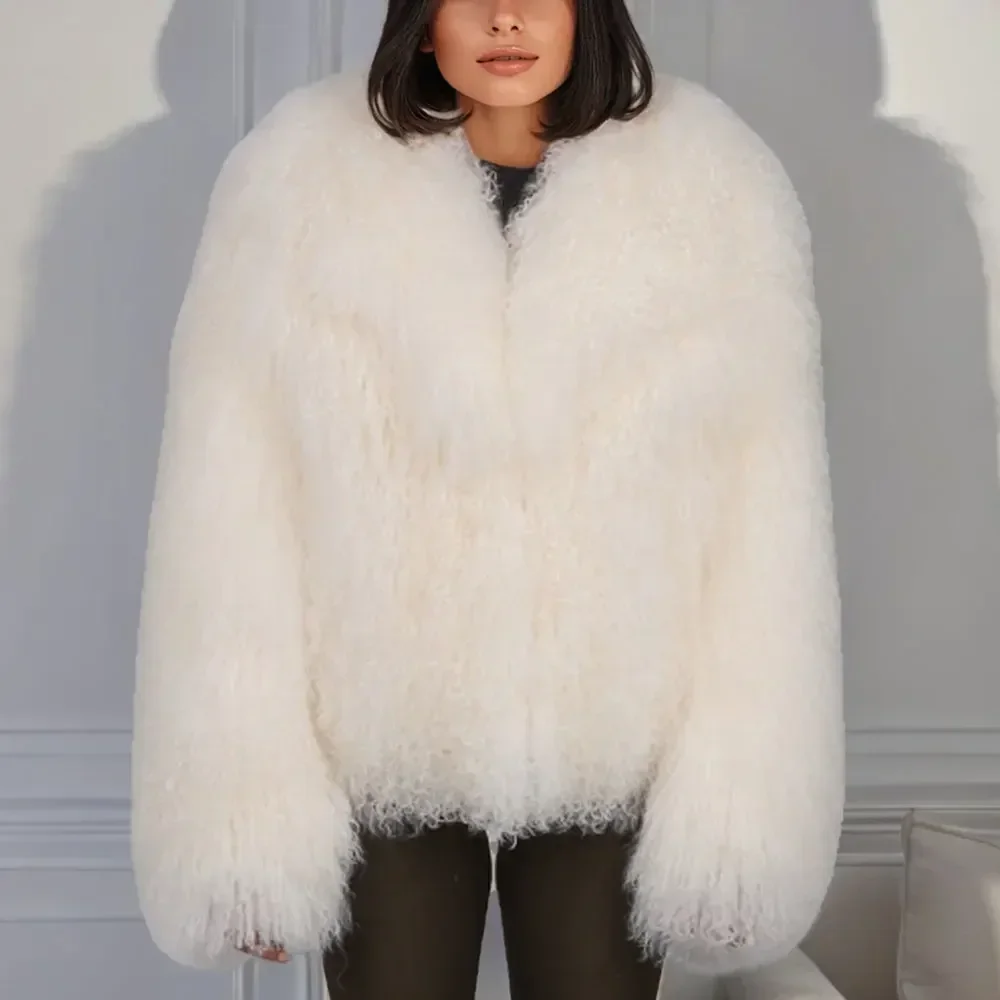 여성용 진짜 몽골 양 모피 재킷, 패션 몽골 양 모피 코트, 레이디 겨울 두꺼운 따뜻한 크롭 재킷, 천연 양털 코트