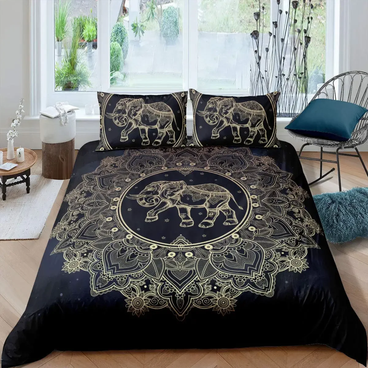 Duvet Cover Bohemian Cute Elephant Mandala Bedding Black Golden Boho Room Decorative Quilt Cover Luxurious Style for Women Gift