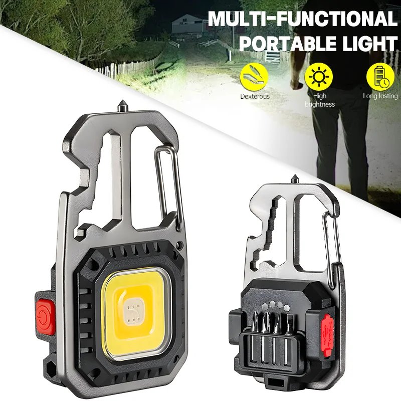 Mini Portable LED Keychain Flashlight Rechargeable Mini COB Flashlight Emergency Light Safety Hammer Bottle Opener Work Lamp