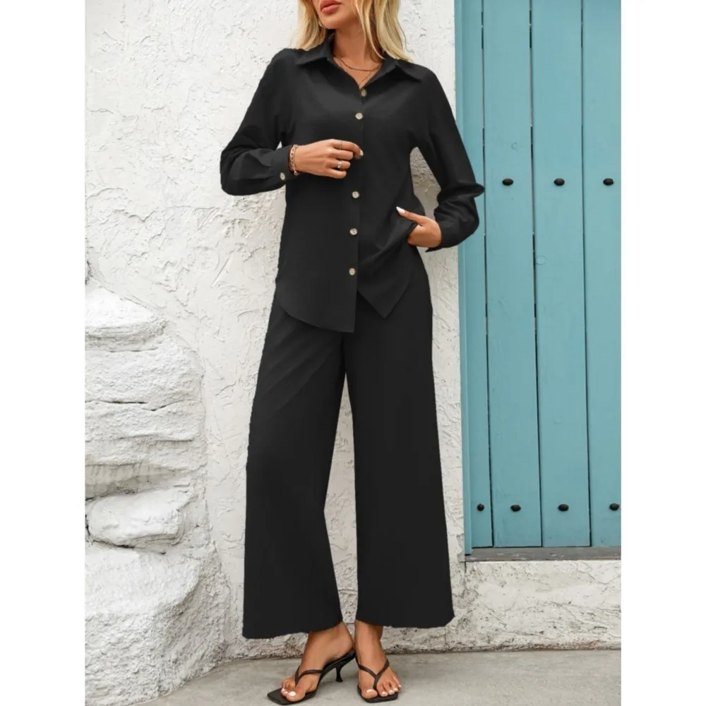 Casual Revers Hemd Lange Ärmel frauen Zwei-stück Set Frühling Sommer Neue Mode Elastische Taille Spitze-up Lange hosen Weibliche Set 2025