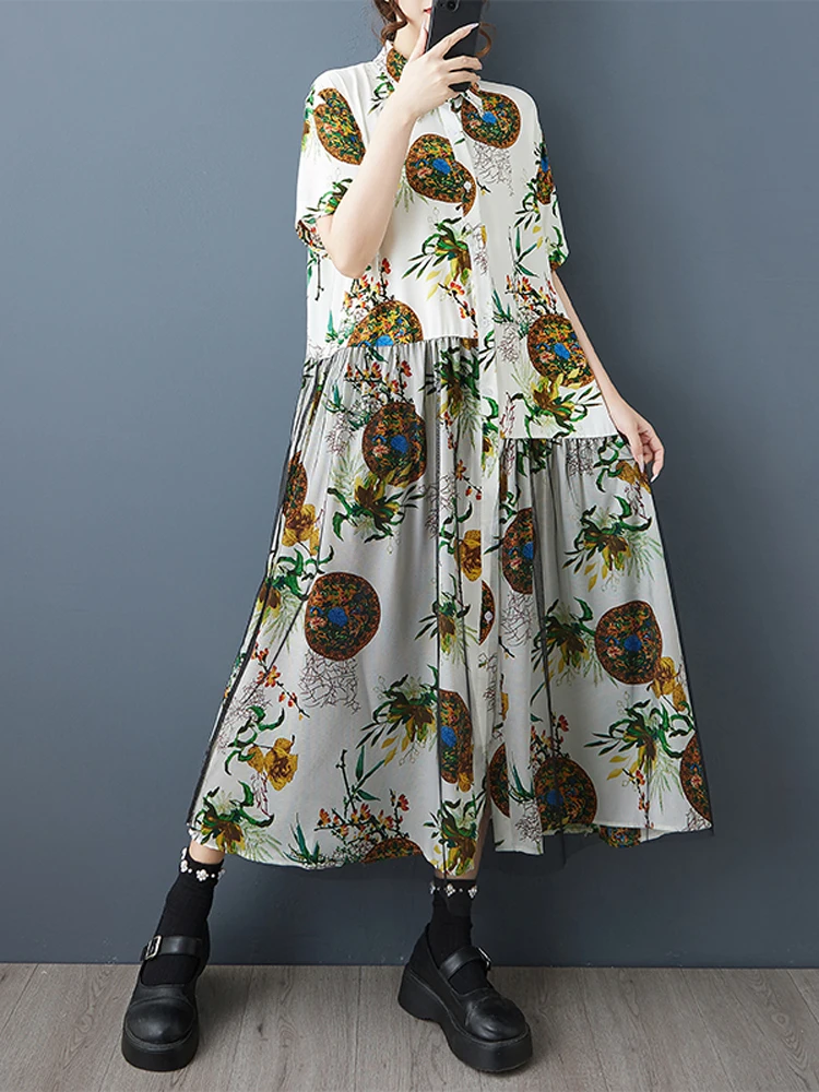 NYFS 2025 Letnia luźna sukienka damska plus size Sukienka z siateczki Sukienka z krótkim rękawem Długa sukienka z nadrukiem Odzież damska