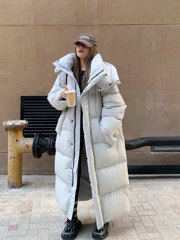 Chaqueta larga gruesa con capucha para mujer, chaquetas hasta la rodilla con plumón de pato blanco, Parkas cálidas y sólidas para exteriores, prendas de vestir para invierno