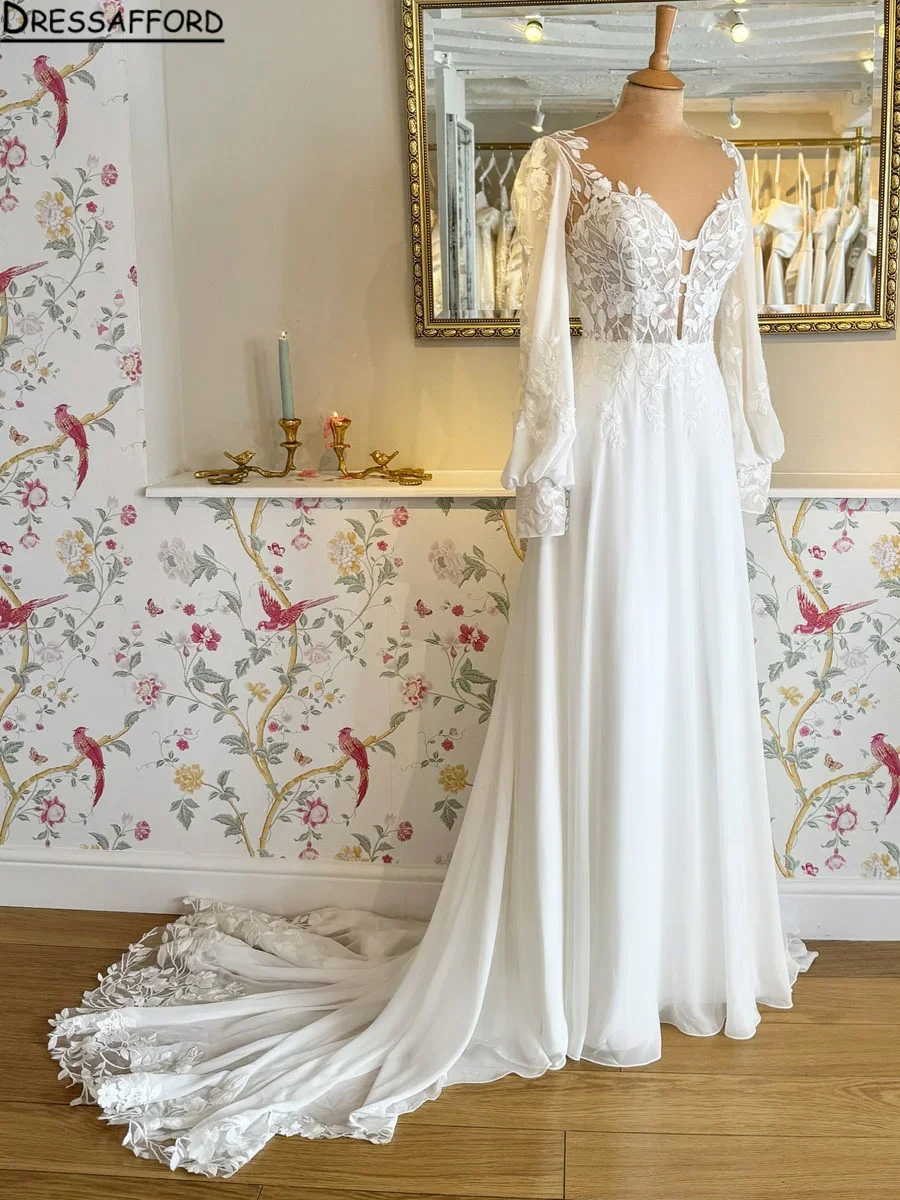 

Romantic A Wedding Dresses Boho Beach V Neck With Long Sleeves Bridal Gowns Plus Size